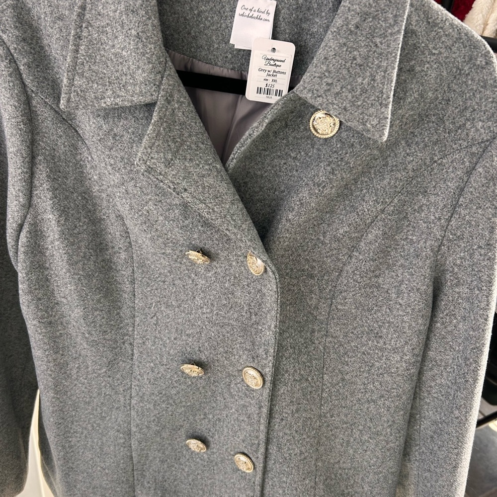 Private Label Gray Pea Coat with Gold Buttons